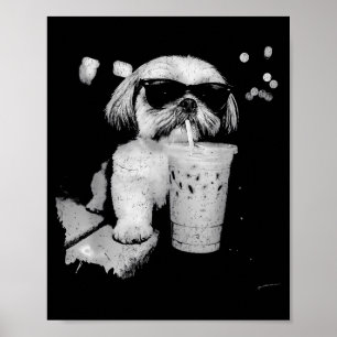 Funny shih tzu drinking iced coffee dog lovers poster