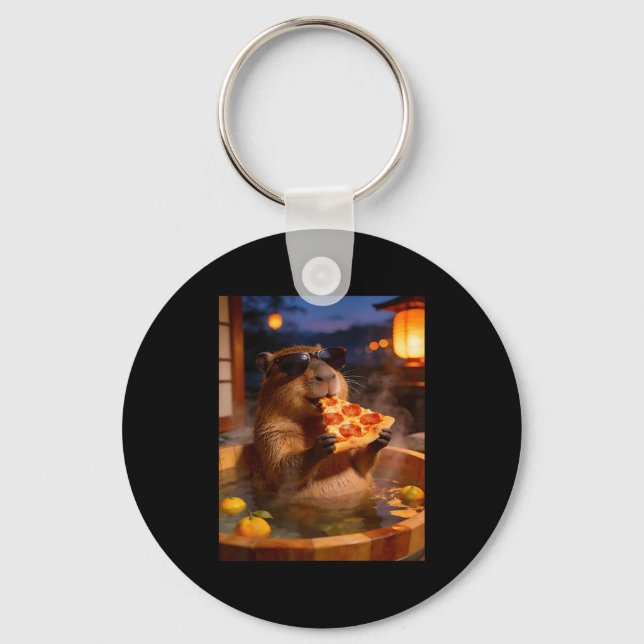 Funny Shirt Capybara Eating Pizza Spring Bath Key Ring (Front)