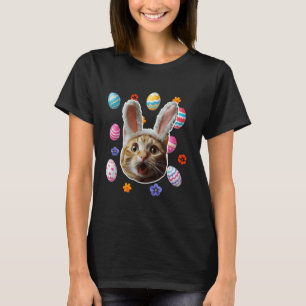Funny Shock Cat Face With Bunny Ears Happy Easter  T-Shirt