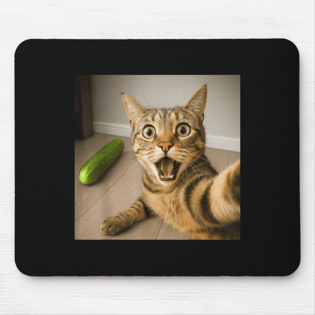 Funny Shocked Cat Selfie With Cucumber Meme Design Mouse Pad (Front)