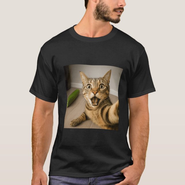 Funny Shocked Cat Selfie with Cucumber Meme Design T-Shirt (Front)