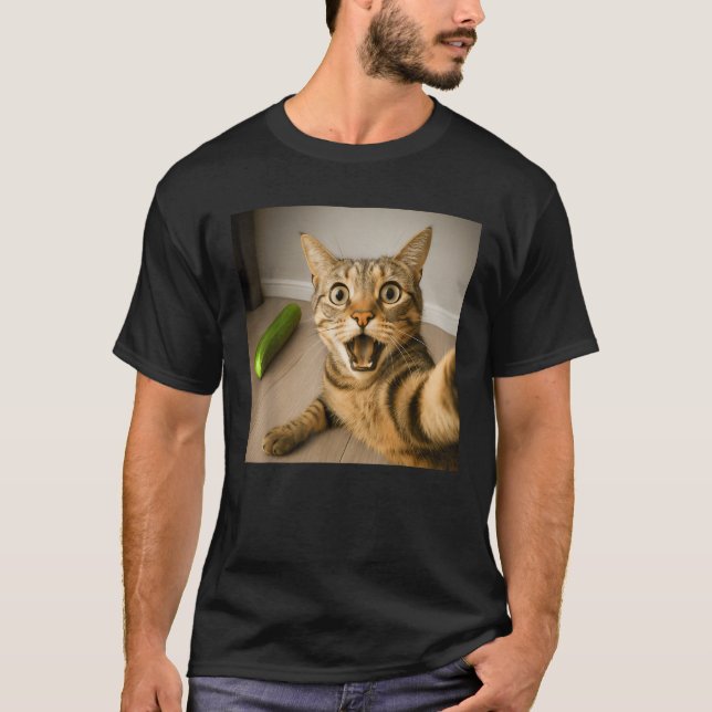 Funny Shocked Cat Selfie with Cucumber Meme Design T-Shirt (Front)