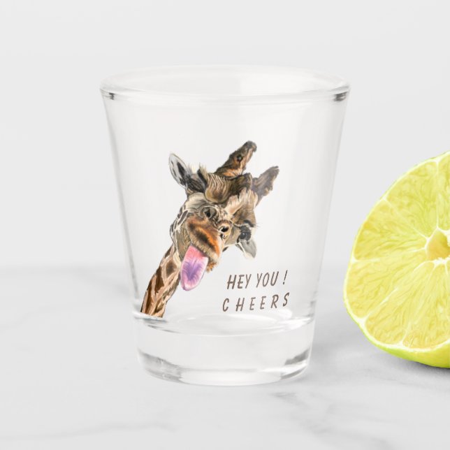 Funny Shot Glass with Playful Giraffe Cheers Text (Front)