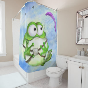 Funny Shower Curtain with Frog Paraglider Cartoon