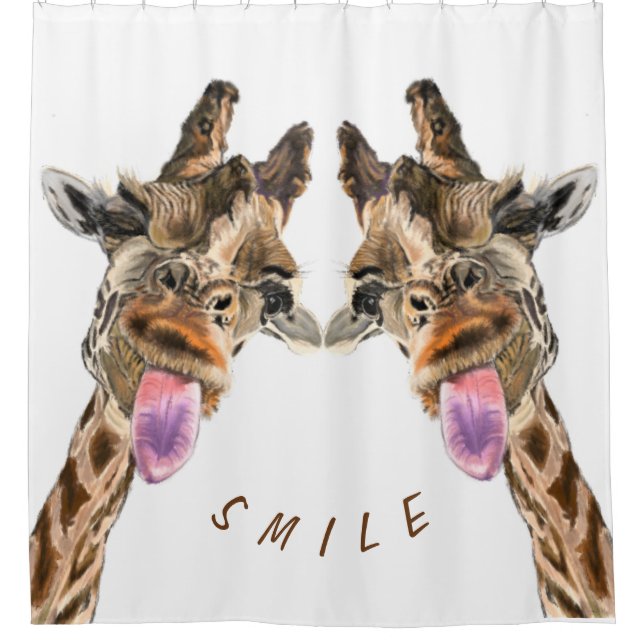 Funny Shower Curtain with Playful Giraffes - Smile (Front)