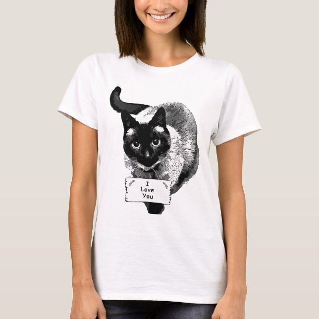 Funny Siamese Cat Holding, "I Love You" Sign T-Shirt (Front)