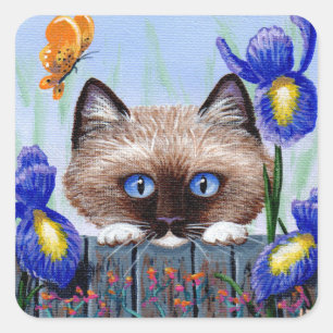 Funny Siamese Cat Iris Creationarts Square Sticker