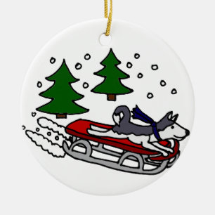 Funny Siberian Husky Dog Riding on Sled Ceramic Tree Decoration