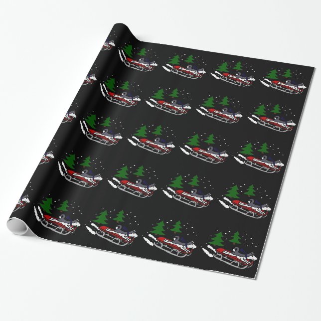 Funny Siberian Husky Dog Riding on Sled Wrapping Paper (Unrolled)