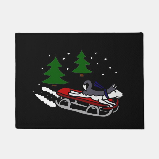 Funny Siberian Husky Sledding Doormat (Front)