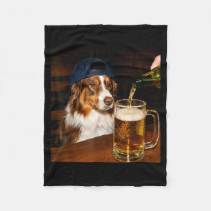 Funny Silly Australian Shepherd Drinking Beer Dog Fleece Blanket