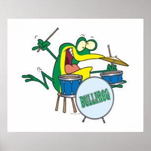 funny silly cartoon frog drummer cartoon poster