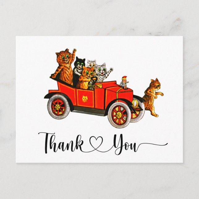 Funny Silly Cats Retro Car Thank You Script Heart Postcard (Front)