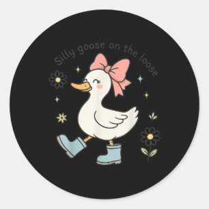 Funny Silly Goose On The Loose Cute Bow Rain Boots Classic Round Sticker