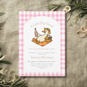Funny Silly Goose Picnic Pink Gingham Baby Shower Invitation