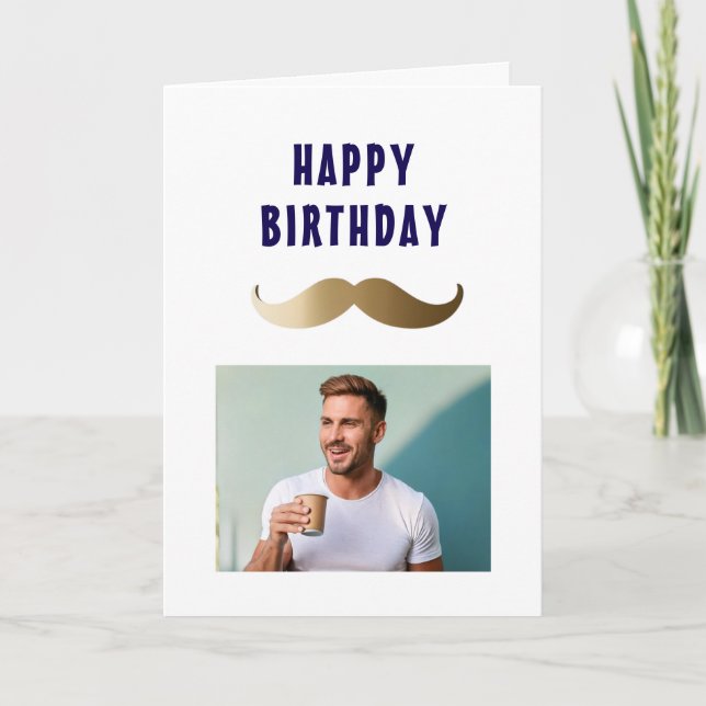 Funny Simple Moustache Happy Birthday Photo Card (Front)