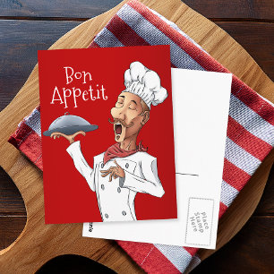 Funny Singing Chef on Red Postcard
