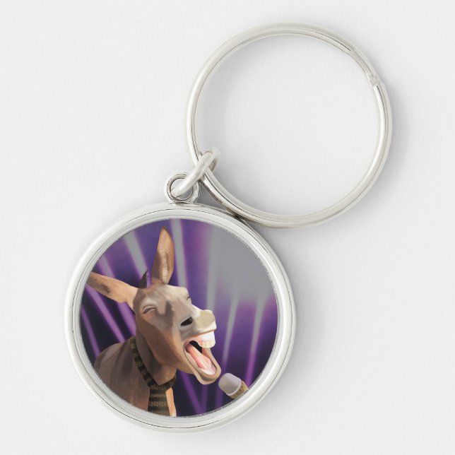 Funny Singing Donkey Farm Animal Purple Background Key Ring (Front)