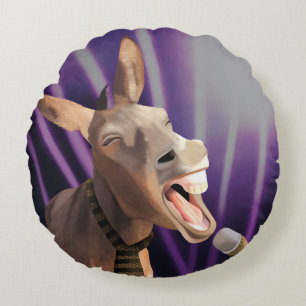 Funny Singing Donkey Farm Animal Purple Background Round Cushion