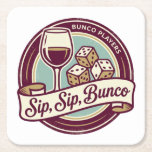Funny Sip Wine Dice Bunco  Square Paper Coaster<br><div class="desc">Sip, Sip, Bunco! Add a playful touch to your Bunco night with this fun “Sip, Sip, Bunco” party coaster design. Perfect for Bunco players who love rolling dice, sipping drinks, and laughing with friends. This stylish Bunco-themed napkin is ideal for Bunco parties, ladies’ game night, Bunco tournaments, or Bunco club...</div>