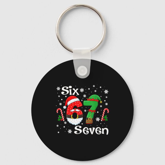 Funny Six Seven 67 Meme 6 7 Elf Santa Christmas Pa Key Ring (Front)