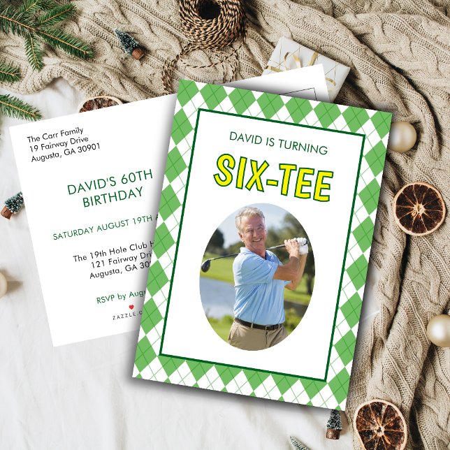 Funny Six-tee Golf 60th Birthday  Invitation Postcard (Six-tee 60th birthday photo golf invitation postcard)