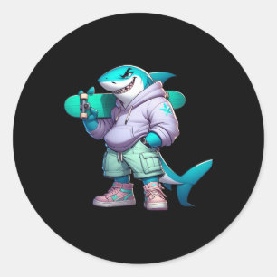 Funny Skateboarding Animal Cool Shark On Skateboar Classic Round Sticker