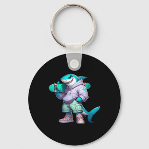 Funny Skateboarding Animal Cool Shark On Skateboar Key Ring