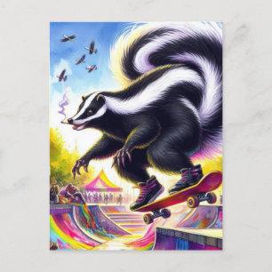 Funny Skateboarding Skunk Smoking Postcard