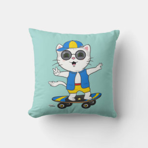 Funny Skater Cat Dressed in Blue & Yellow T-Shirt Cushion