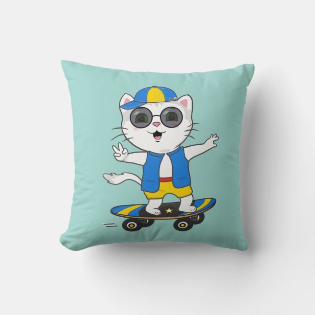 Funny Skater Cat Dressed in Blue & Yellow T-Shirt Cushion (Front)