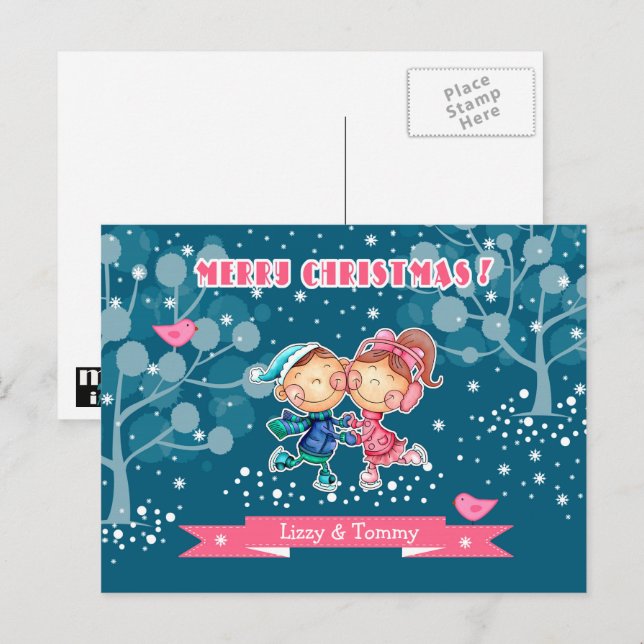 Funny Skating Kids Christmas  Holiday Postcard (Front/Back)
