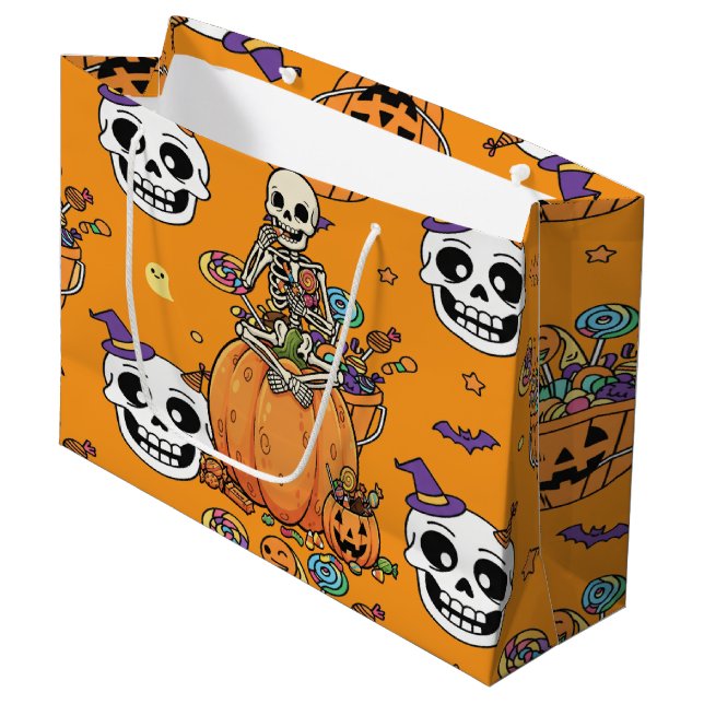 Funny Skeleton And Candy For Halloween Large Gift Bag (Front Angled)