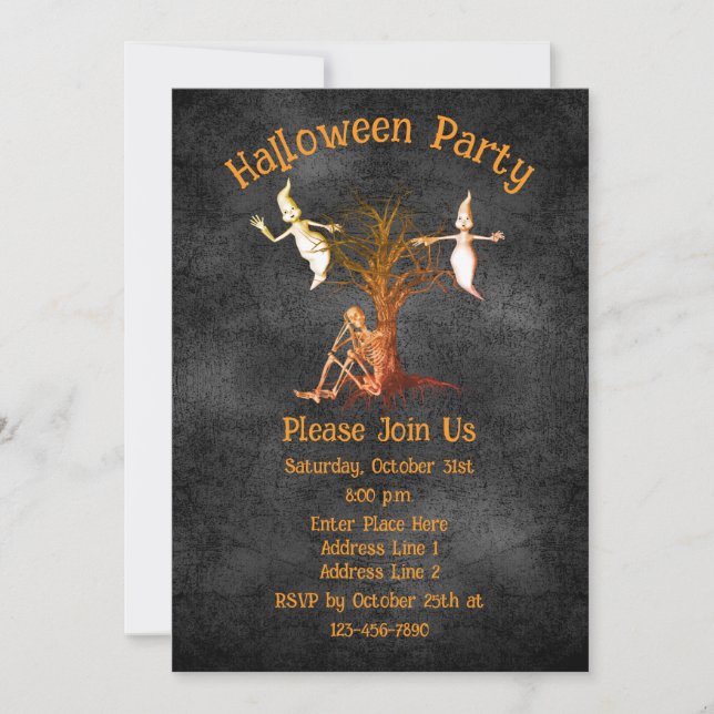 Funny Skeleton And Ghosts Halloween Invitation (Front)