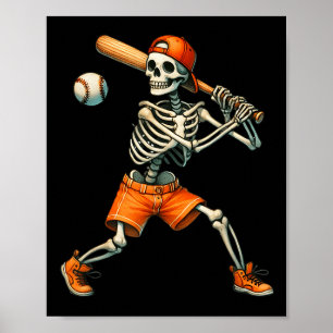 Funny Skeleton Batting Baseball Halloween Boys Men Poster