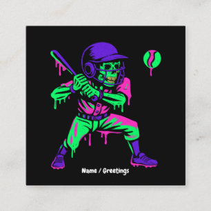Funny Skeleton Batting Ice Cream Dripping Baseball Square Business Card