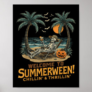Funny Skeleton Beach Sunset Spooky Vacation Hallow Poster