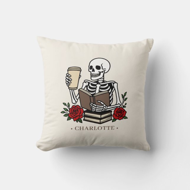 Funny Skeleton Book and Coffee Lover  Cushion (Front)