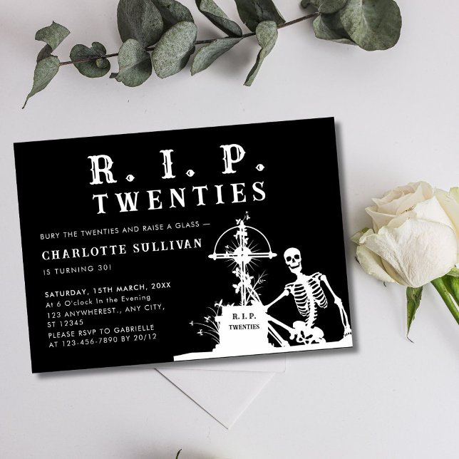 Funny Skeleton Bury Rip 20s Black 30th Birthday Invitation (Funny Skeleton Bury Rip 20s Black 30th Birthday Invitation)