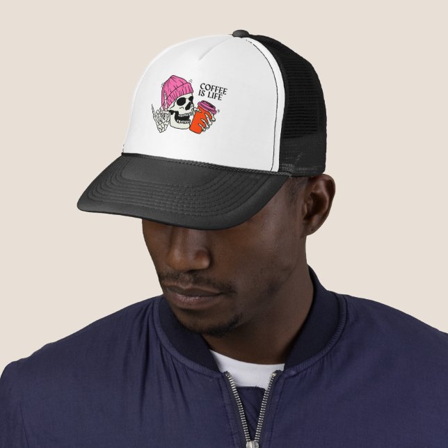  Funny Skeleton Cap":Coffee & Bones Trucker Hat (In Situ)