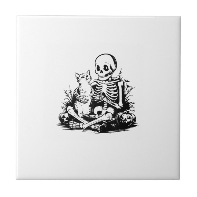 Funny Skeleton Cat Skull Kitty Cute Cat Goth Hallo Ceramic Tile (Front)