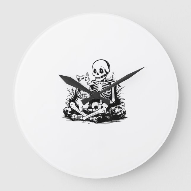 Funny Skeleton Cat Skull Kitty Cute Cat Goth Hallo Large Clock (Front)