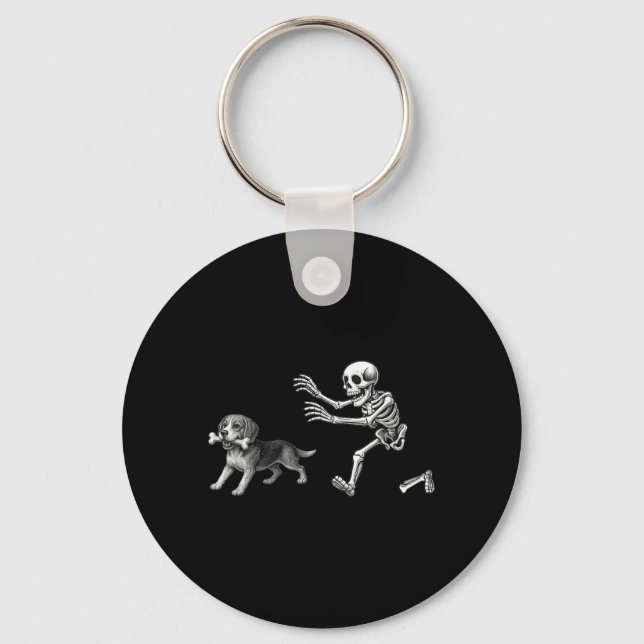 Funny Skeleton Chasing Beagle Dog Halloween Dogs Key Ring (Front)
