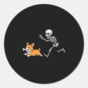Funny Skeleton Chasing Corgi Halloween Dog Mum Pet Classic Round Sticker