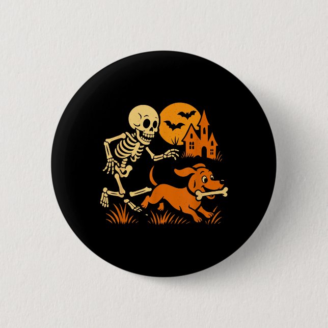 Funny Skeleton Chasing Dachshund Dog Funny 6 Cm Round Badge (Front)
