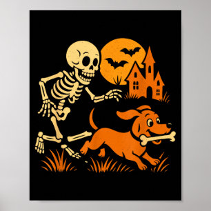 Funny Skeleton Chasing Dachshund Dog Funny Poster