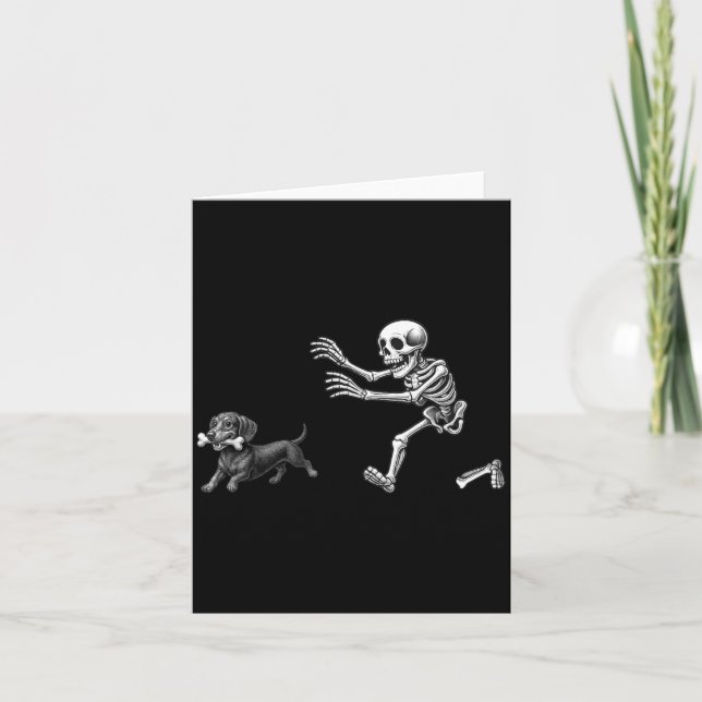 Funny Skeleton Chasing Dachshund Dog Halloween Card (Front)