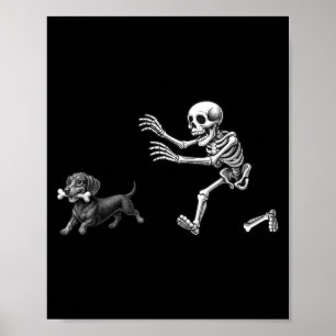 Funny Skeleton Chasing Dachshund Dog Halloween Poster