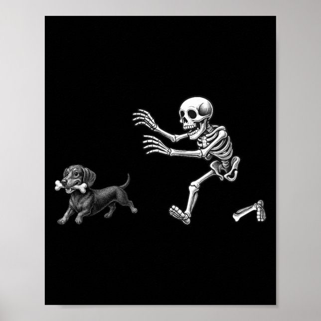 Funny Skeleton Chasing Dog Funny Dog Halloween Poster (Front)