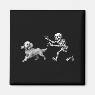 Funny Skeleton Chasing Golden Retriever Halloween Magnet